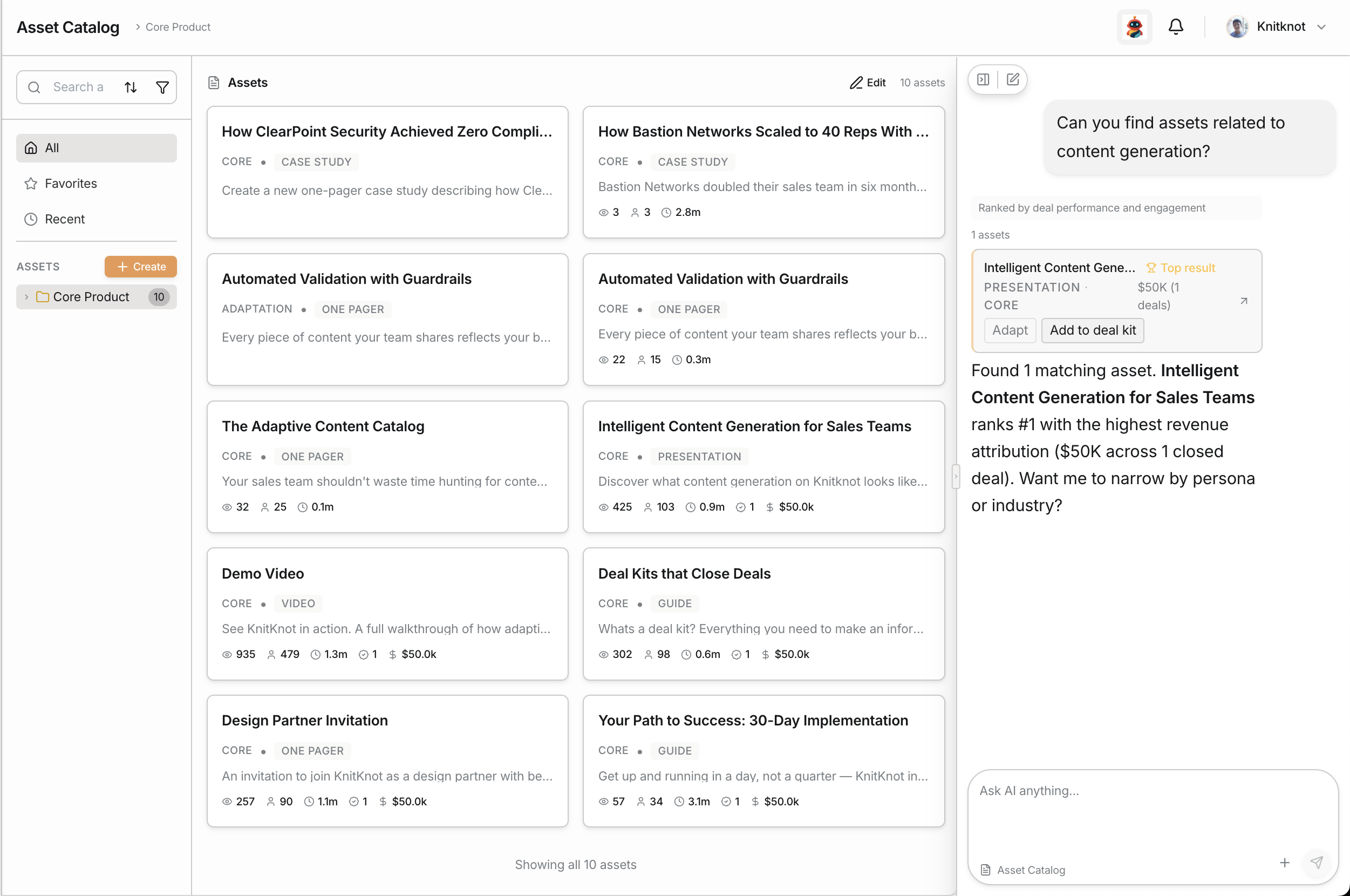 Asset Catalog with AI-powered search surfacing top-performing content by engagement metrics and revenue attribution