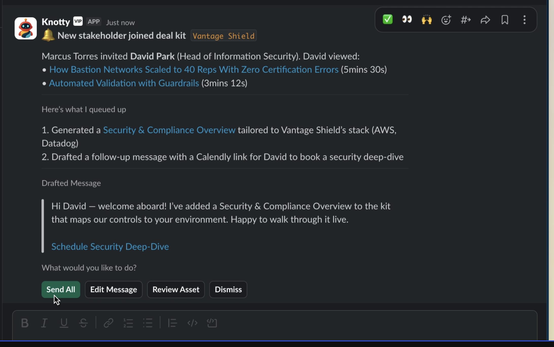 Slack nudge showing buyer signals, a generated asset, and a drafted follow-up message