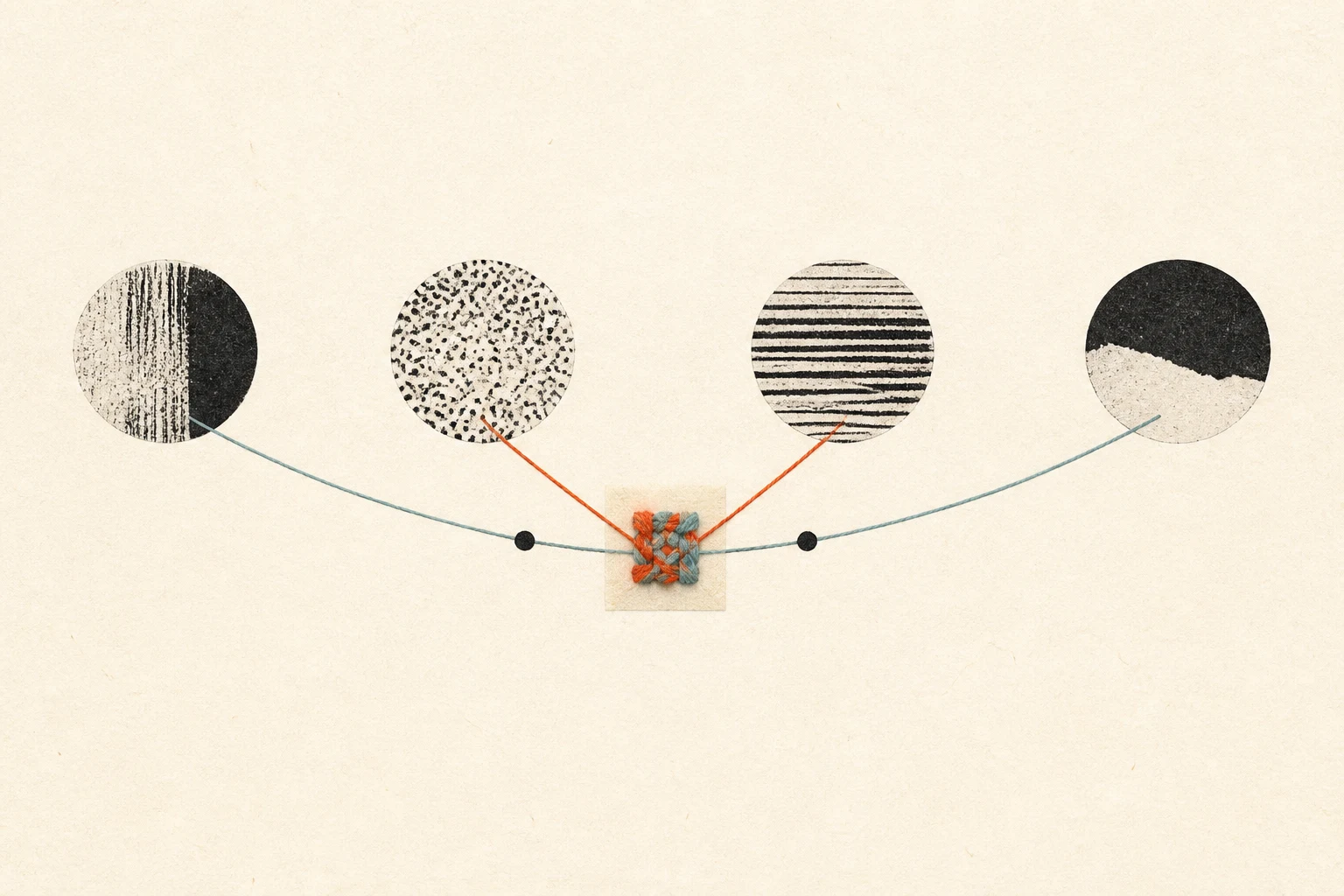 Four textured black circles connected to a small orange and teal woven knot.