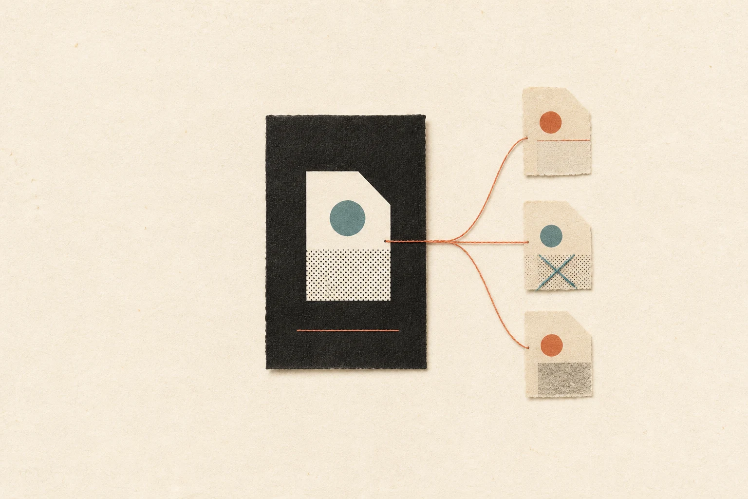 A charcoal paper record connected by orange thread to three small evidence receipts.