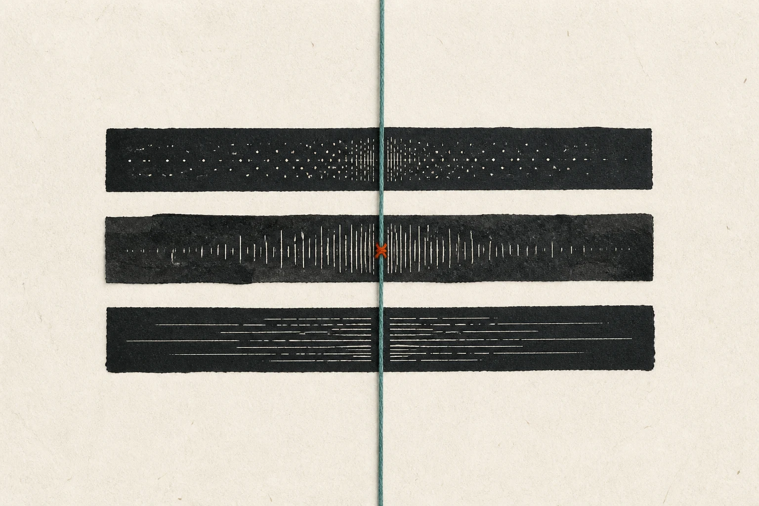 Three black measurement strips aligned by a vertical teal thread and an orange stitch.