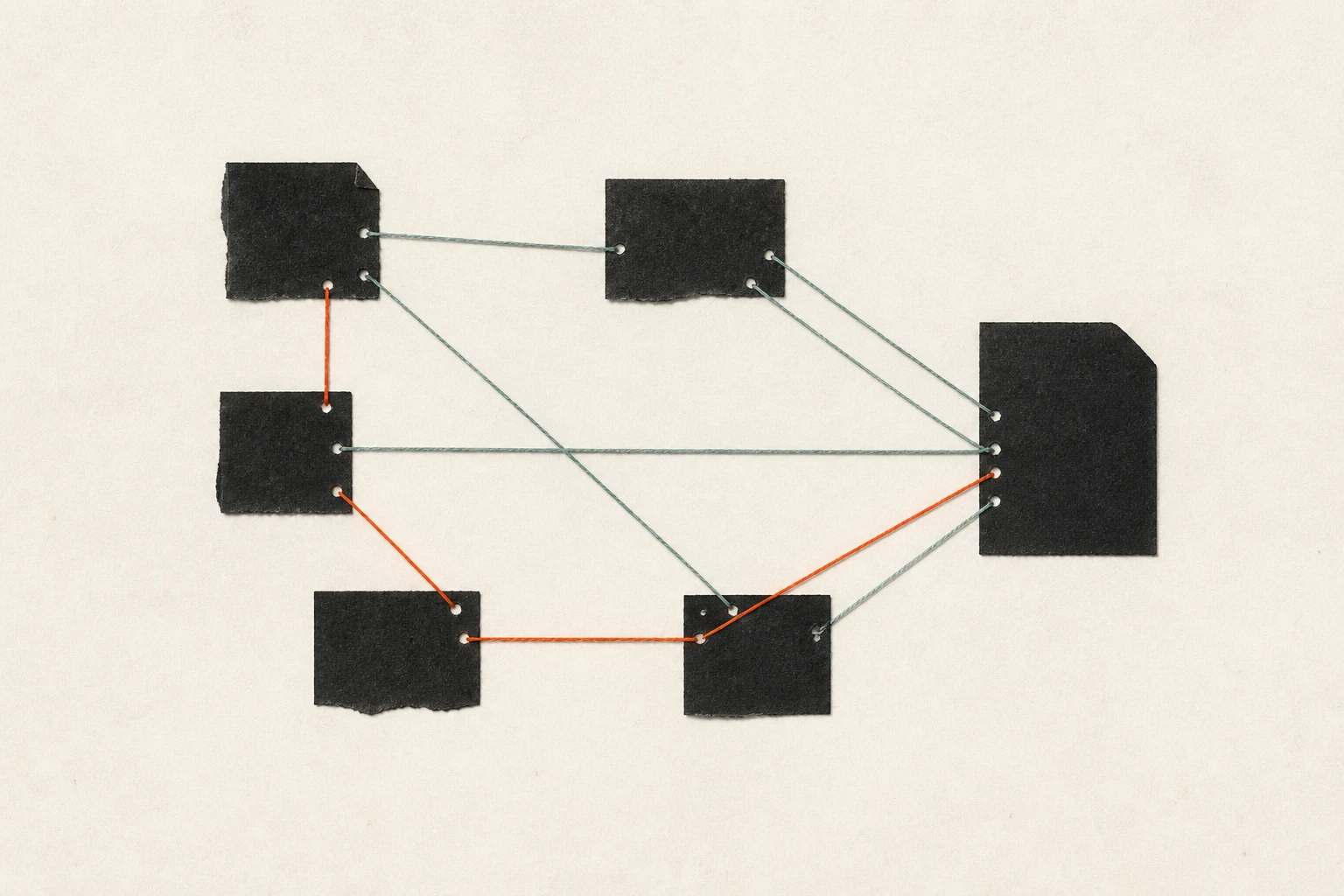 A network of black paper pages connected by teal and orange threads.