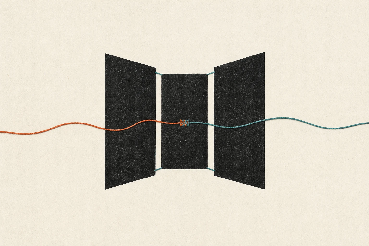 Three black paper panels held together by teal thread, with an orange thread crossing the center knot.