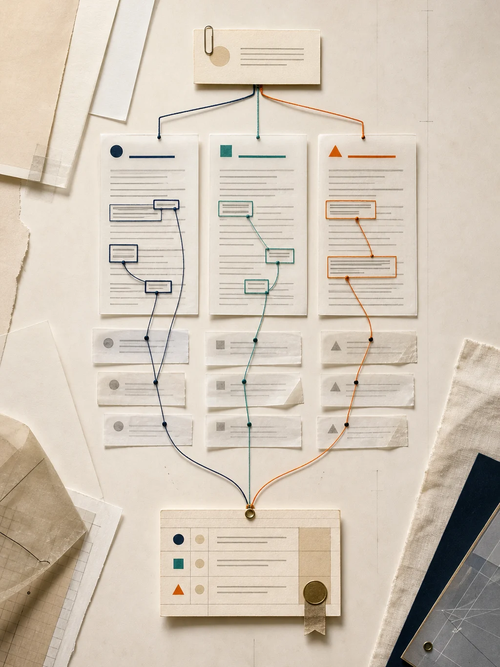 An evidence map connecting one buyer question to three AI answers, source receipts, approved facts, and a measured revision